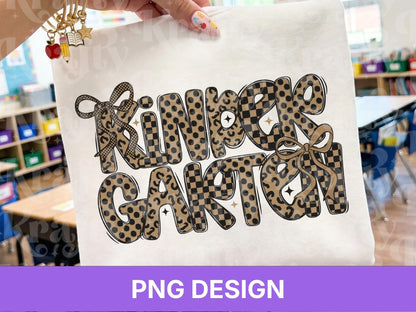 Kindergarten PNG, Leopard Checkered Bow School Shirt Design, First Day of School Sublimation, Preppy Teacher Student Graphic