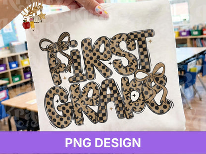 First Grade PNG, Leopard Checkered Bow School Shirt Design, First Day of School Sublimation, Preppy Teacher Student Graphic