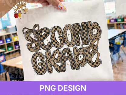 Second Grade PNG, Leopard Checkered Bow School Shirt Design, First Day of School Sublimation, Preppy Teacher Student Graphic