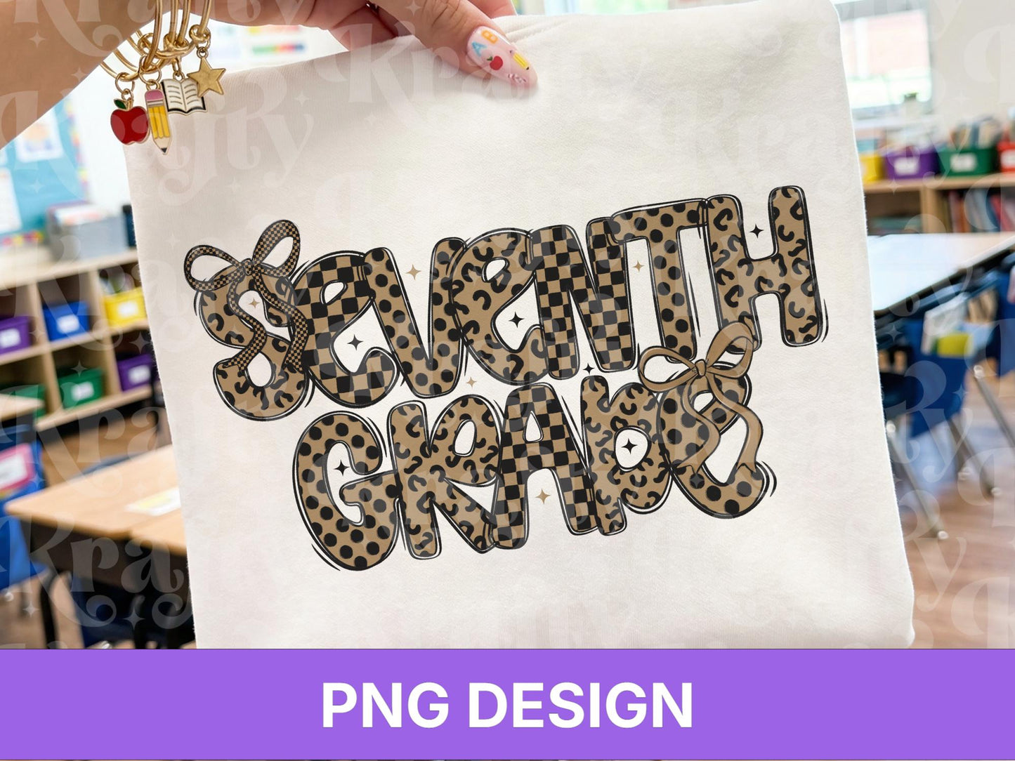 Seventh Grade PNG, Leopard Checkered Bow School Shirt Design, First Day of School Sublimation, Preppy Teacher Student Graphic
