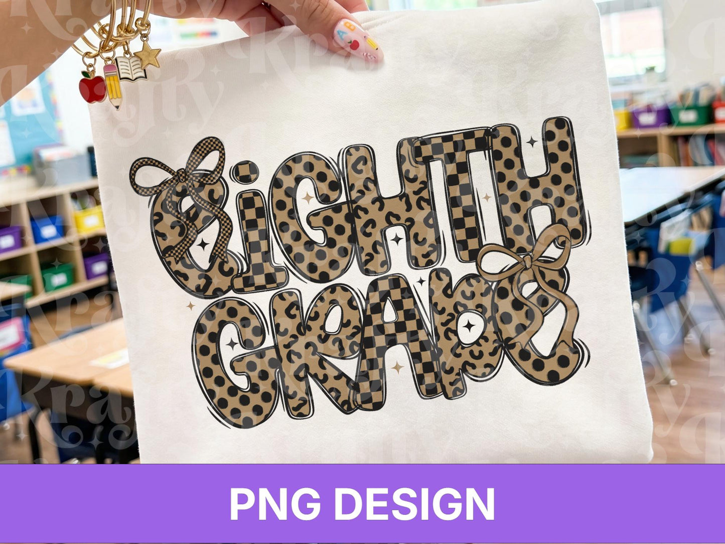 Eighth Grade PNG, Leopard Checkered Bow School Shirt Design, First Day of School Sublimation, Preppy Teacher Student Graphic