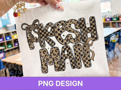 Freshman PNG, Leopard Checkered Bow School Shirt Design, First Day of School Sublimation, Preppy Teacher Student Graphic