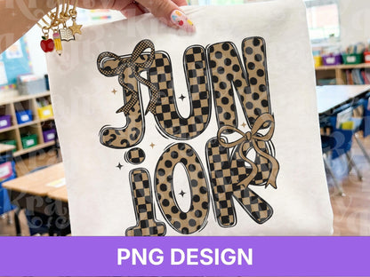 Junior PNG, Leopard Checkered Bow School Shirt Design, First Day of School Sublimation, Preppy Teacher Student Graphic