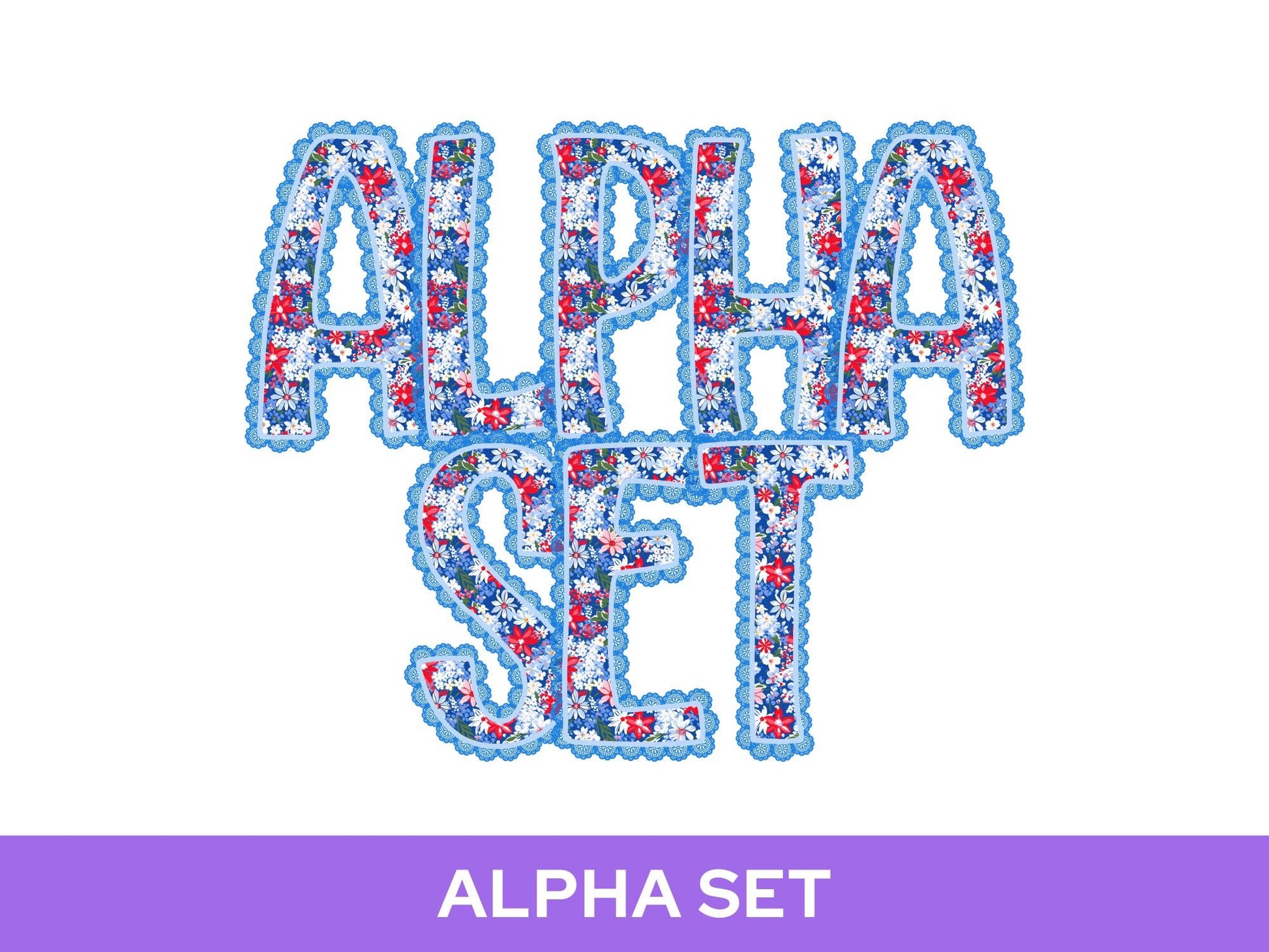 4th of July Floral Lace Alpha PNG Set, Alphabet Clipart, Hand Drawn Doodle Letters