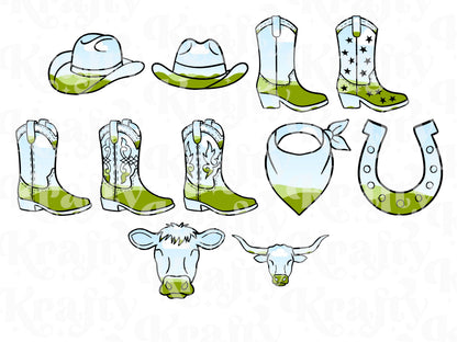 Western Frame Bundle: Hand Drawn PNG Designs, Cowboy, Cowgirl, Rodeo, Boots Hat Horseshoe PNG Clipart