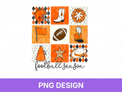 Checkered Football Season PNG: Game Day Shirt Design, School Spirit, Orange