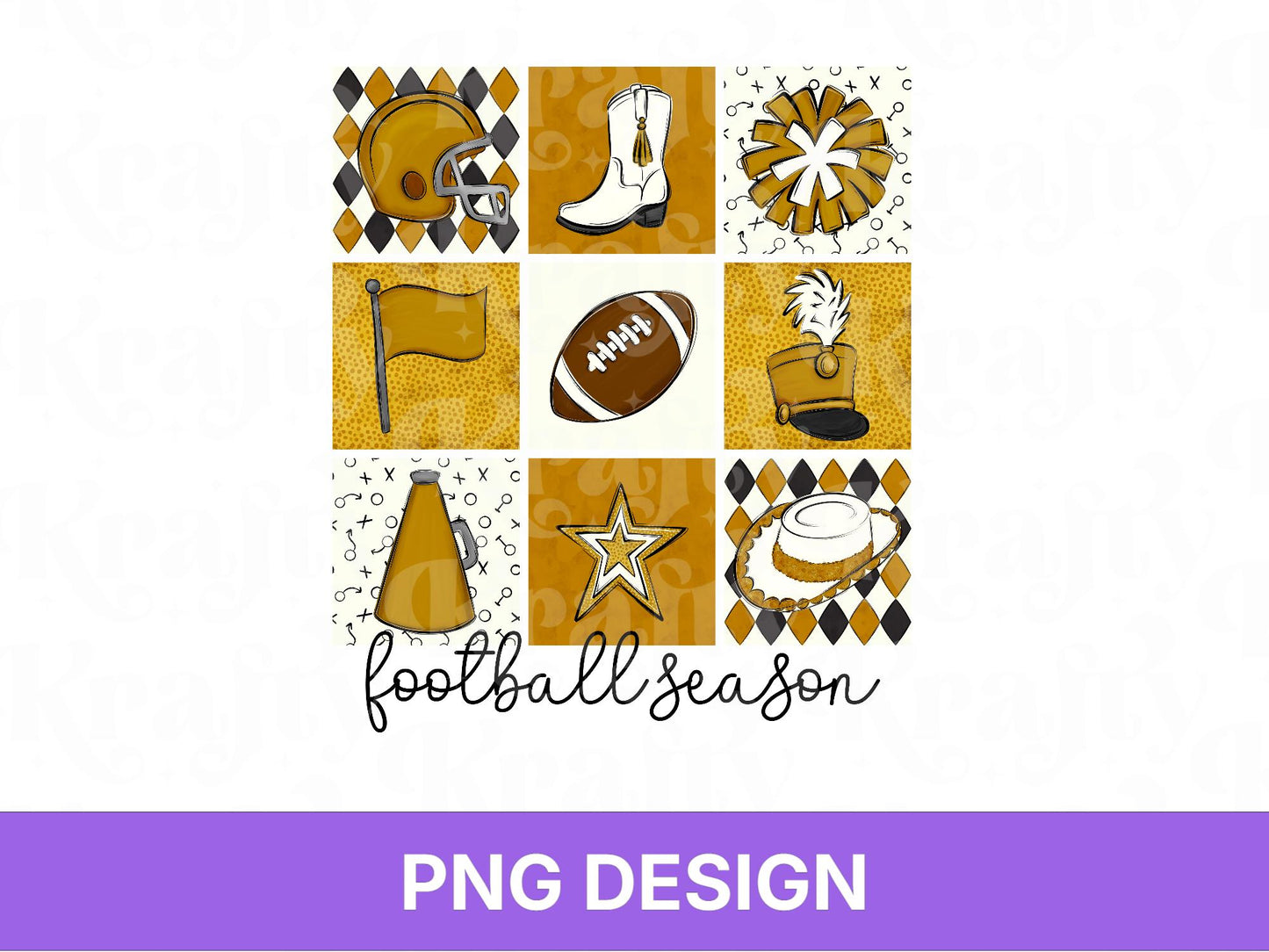 Checkered Football Season PNG: Game Day Shirt Design, School Spirit, Gold