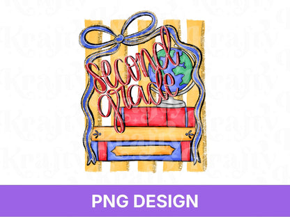 Preppy Striped Back to School PNG, Coquette Teacher Shirt Design, First Day of School, Second Grade, 2nd Grade