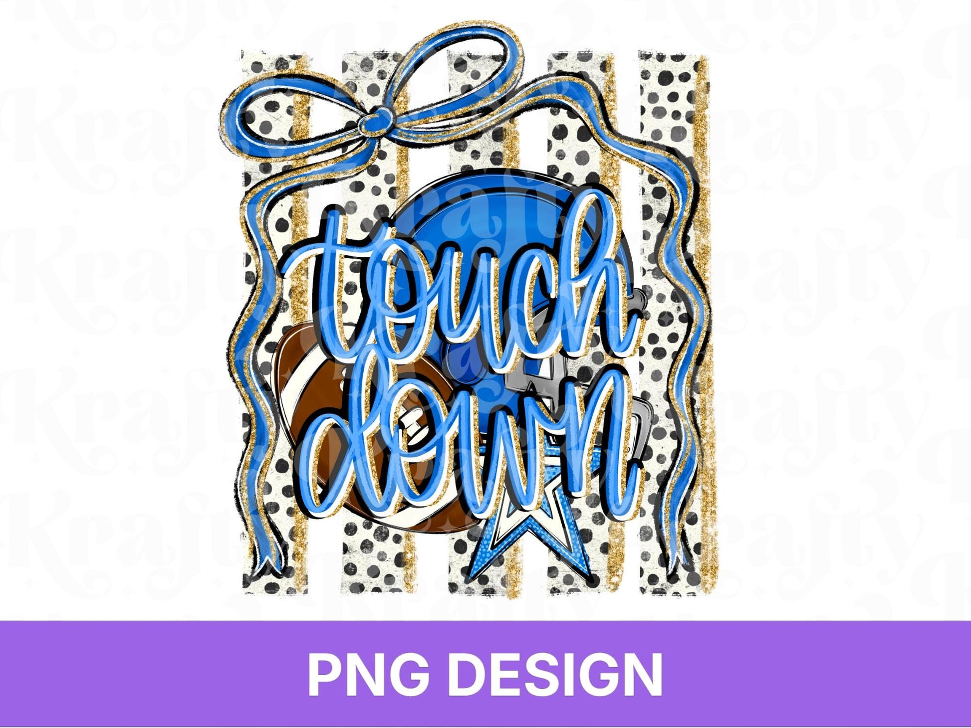 Striped Touch Down PNG Design, Hand Lettered, Blue Football Helmet PNG: Preppy Bow, Game Day Shirt Design, Front and Back