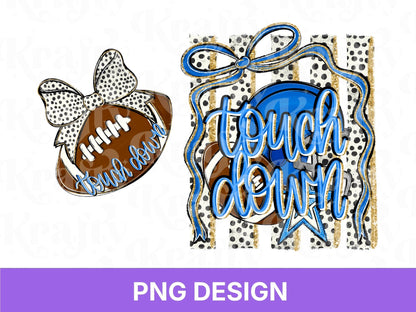 Striped Touch Down PNG Design, Hand Lettered, Blue Football Helmet PNG: Preppy Bow, Game Day Shirt Design, Front and Back