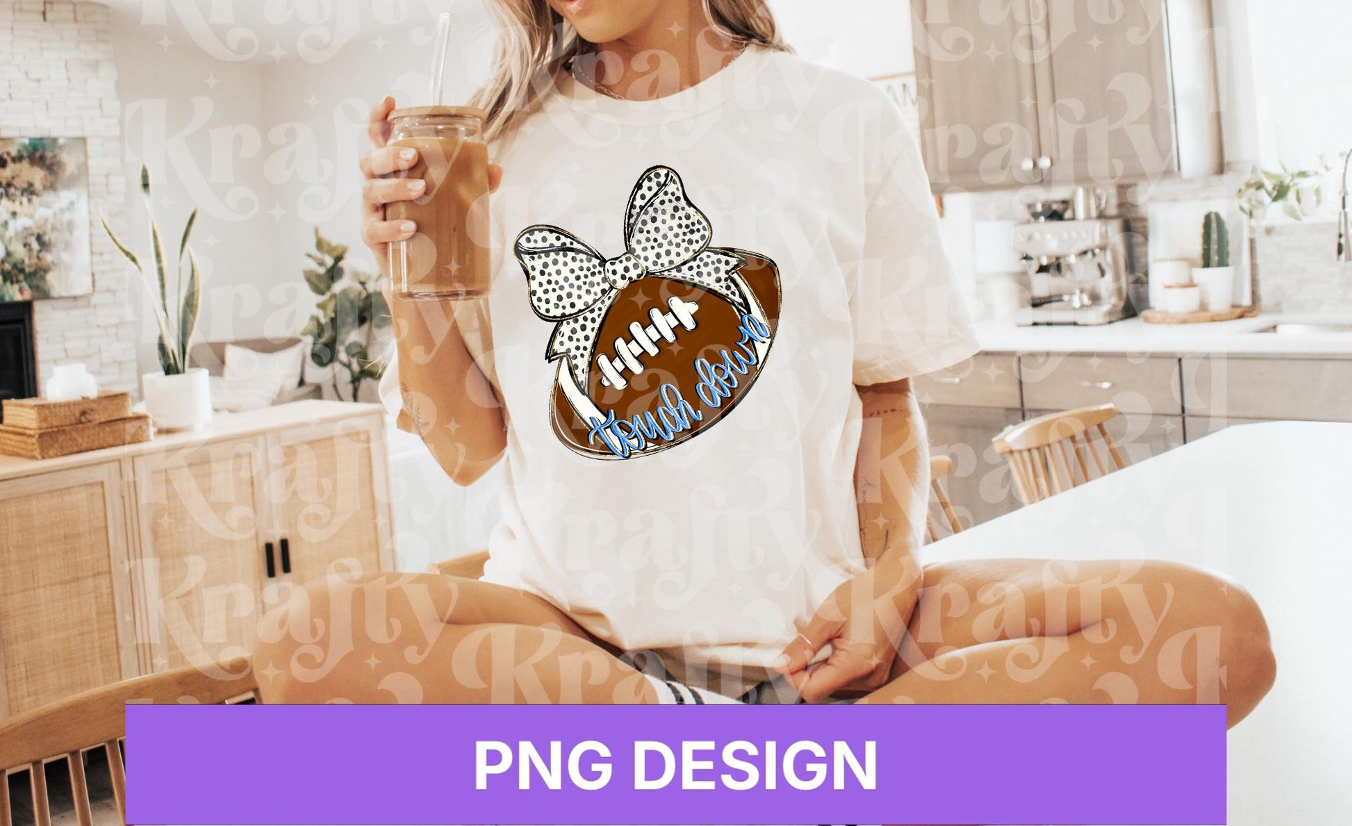 Striped Touch Down PNG Design, Hand Lettered, Blue Football Helmet PNG: Preppy Bow, Game Day Shirt Design, Front and Back