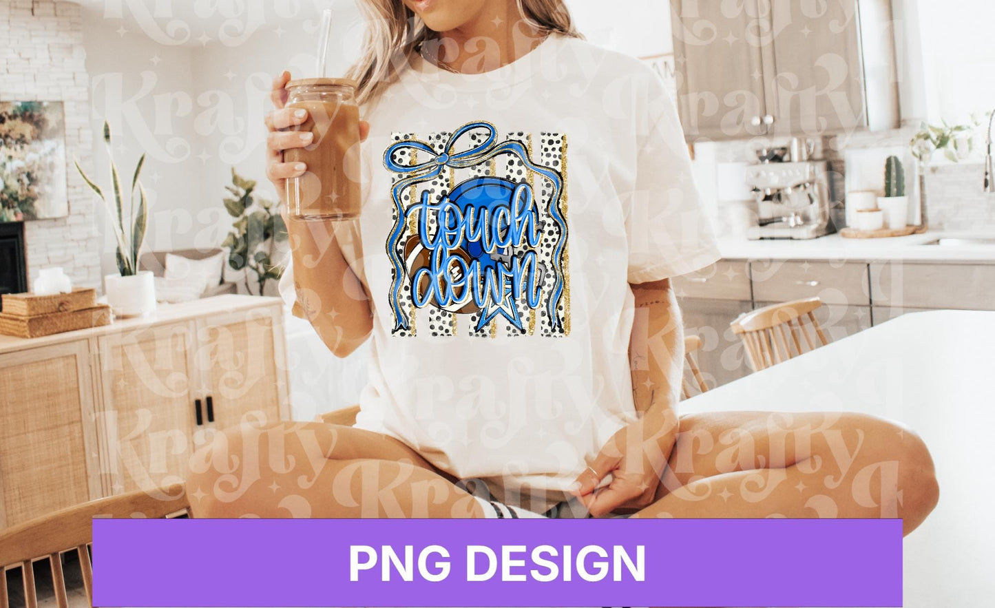 Striped Touch Down PNG Design, Hand Lettered, Blue Football Helmet PNG: Preppy Bow, Game Day Shirt Design, Front and Back