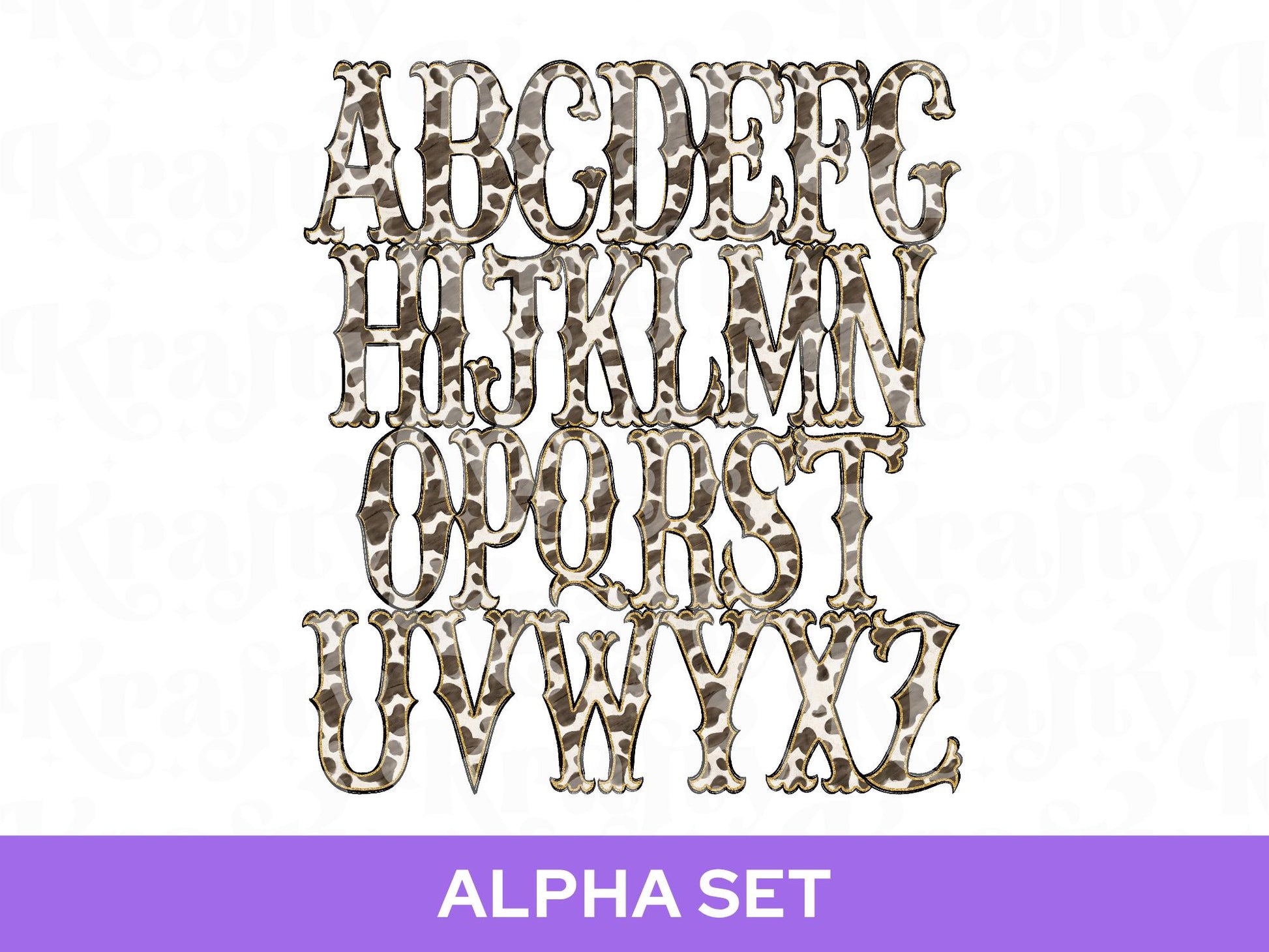 Western Cowhide Alpha Set PNG, Cow Print Alphabet Letters, Glitter Outline, Rodeo Letter Clipart, Cowgirl Alpha Doodle