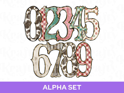 Western Cowhide Alpha Set PNG Bundle, Cow Print Alphabet Letters, Glitter Outline, Rodeo Letter Clipart, Cowgirl Alpha Doodle