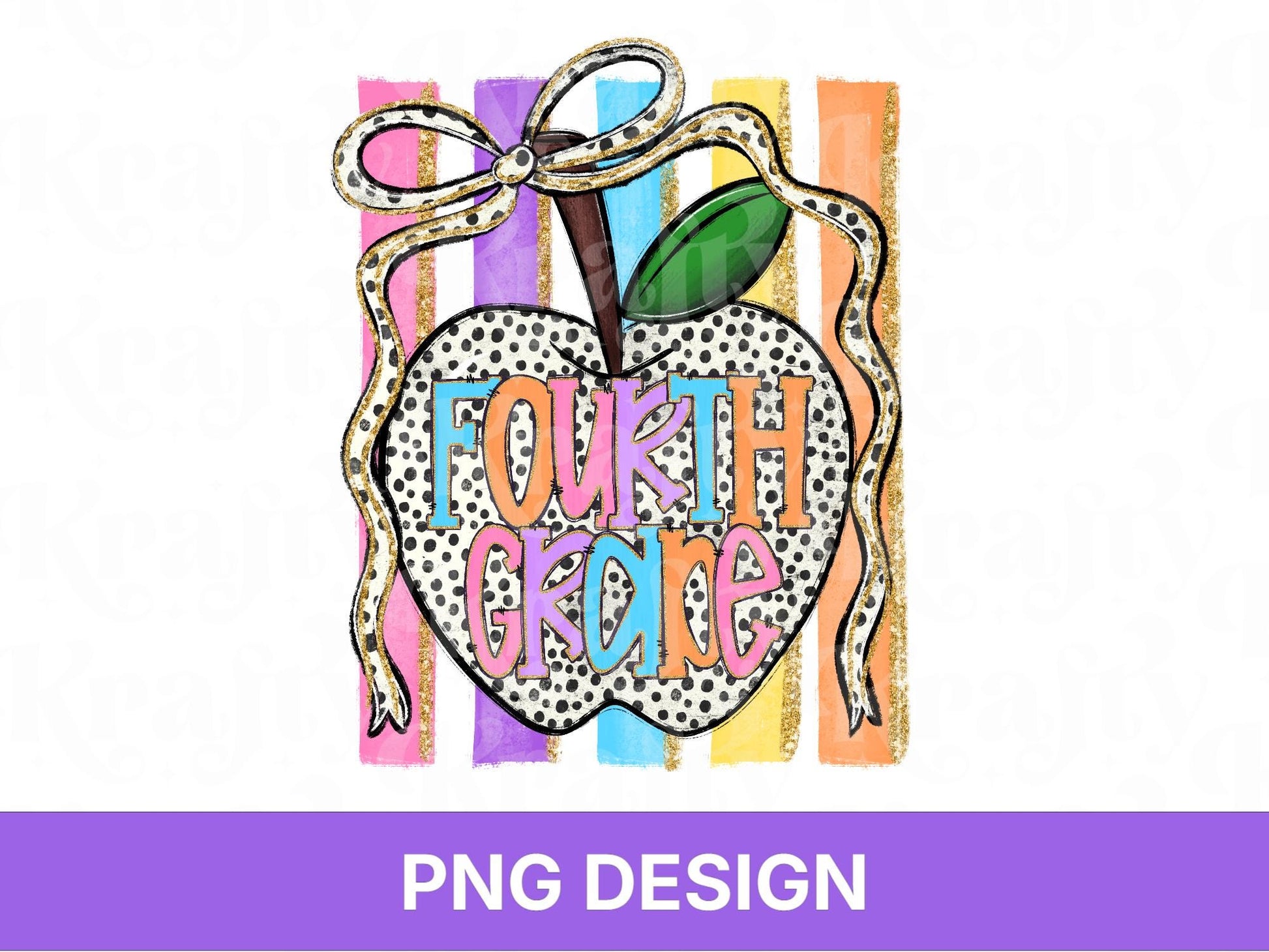 Preppy Striped Back to School Apple PNG, Coquette Teacher Shirt Design, First Day of School, Fourth Grade, 4th Grade