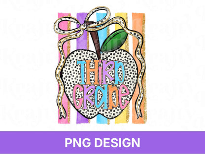 Preppy Striped Back to School Apple PNG, Coquette Teacher Shirt Design, First Day of School, Third Grade, 3rd Grade