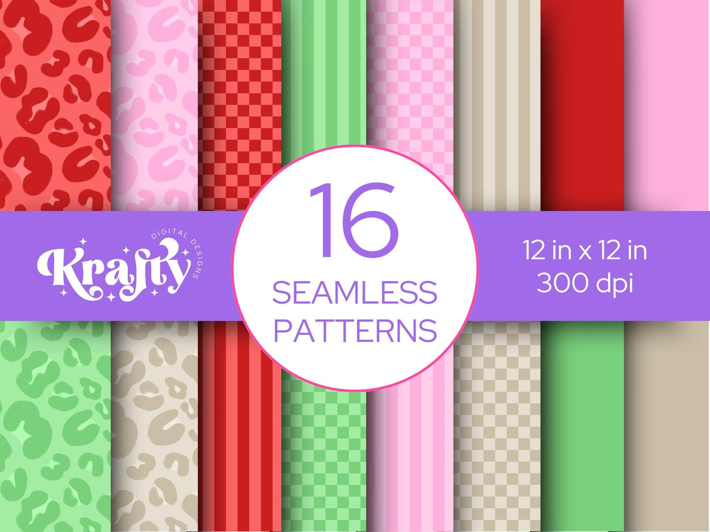 Christmas Seamless Pattern Bundle, Digital Repeatable Pattern, Checkered Stripes, Scrapbook Paper, Preppy