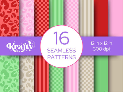 Christmas Seamless Pattern Bundle, Digital Repeatable Pattern, Checkered Stripes, Scrapbook Paper, Preppy
