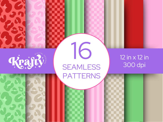 Christmas Seamless Pattern Bundle, Digital Repeatable Pattern, Checkered Stripes, Scrapbook Paper, Preppy