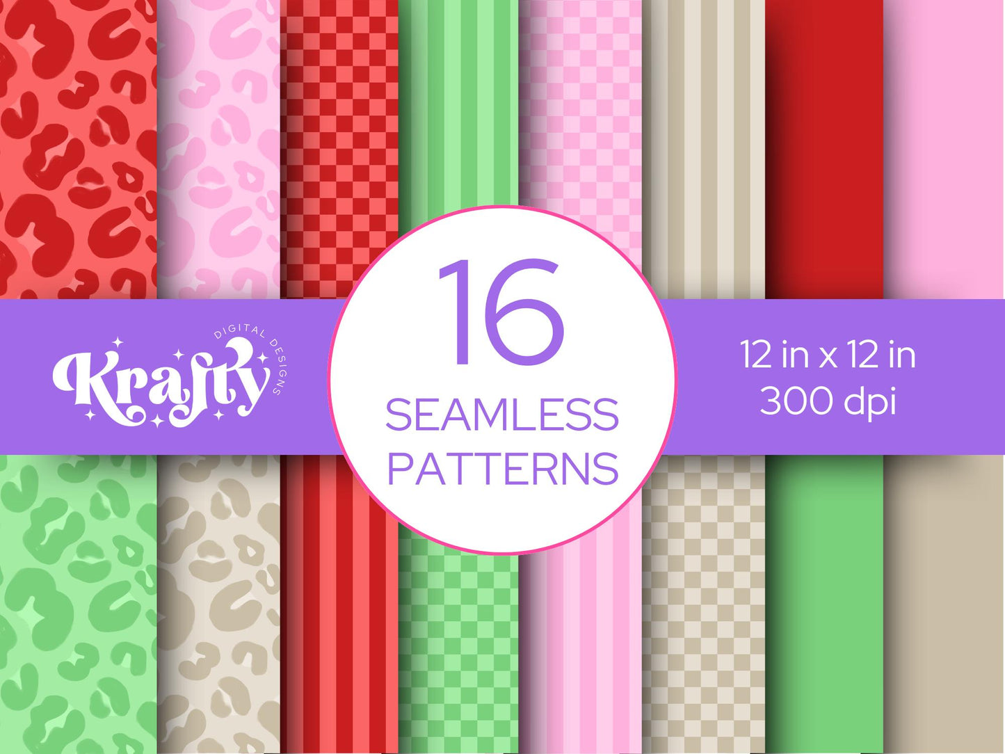 Christmas Seamless Pattern Bundle, Digital Repeatable Pattern, Checkered Stripes, Scrapbook Paper, Preppy