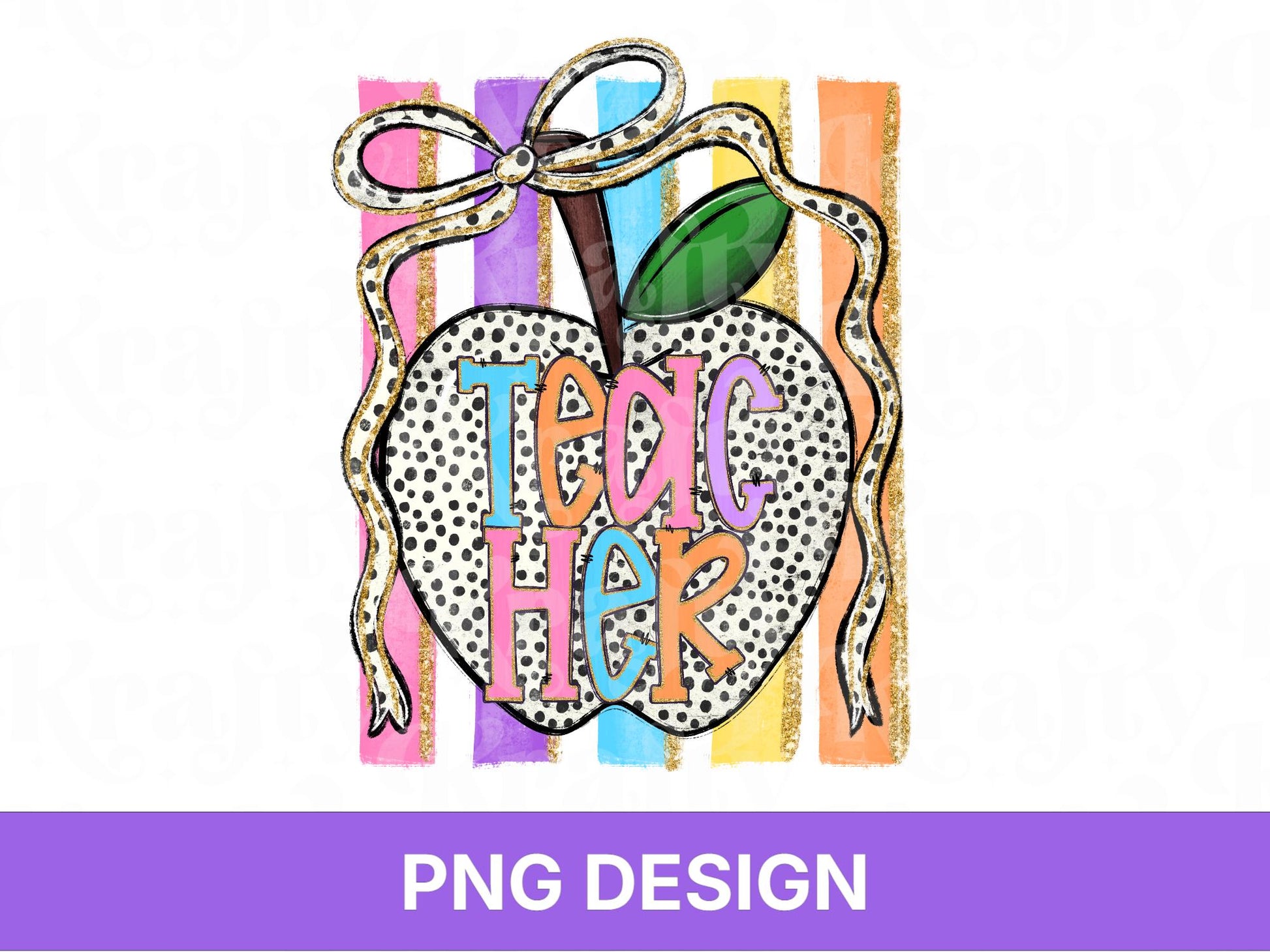 Preppy Striped Teacher PNG, Cute Educator Design, Back to School, Apple Coquette, Shirt Design, First Day of School, Hand Drawn