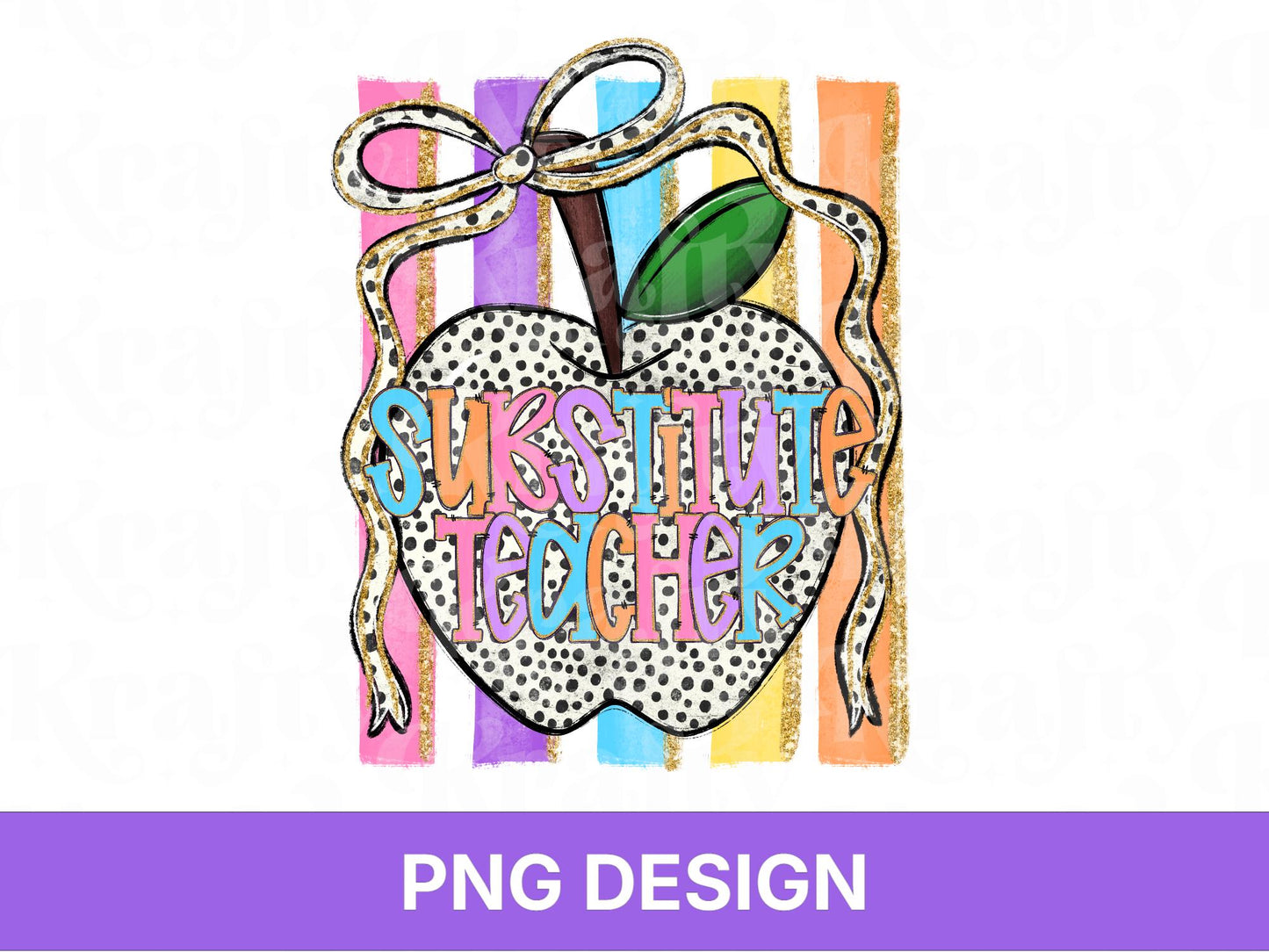 Preppy Striped Substitute Teacher PNG, Back to School, Apple Coquette, Shirt Design, First Day of School, Hand Drawn