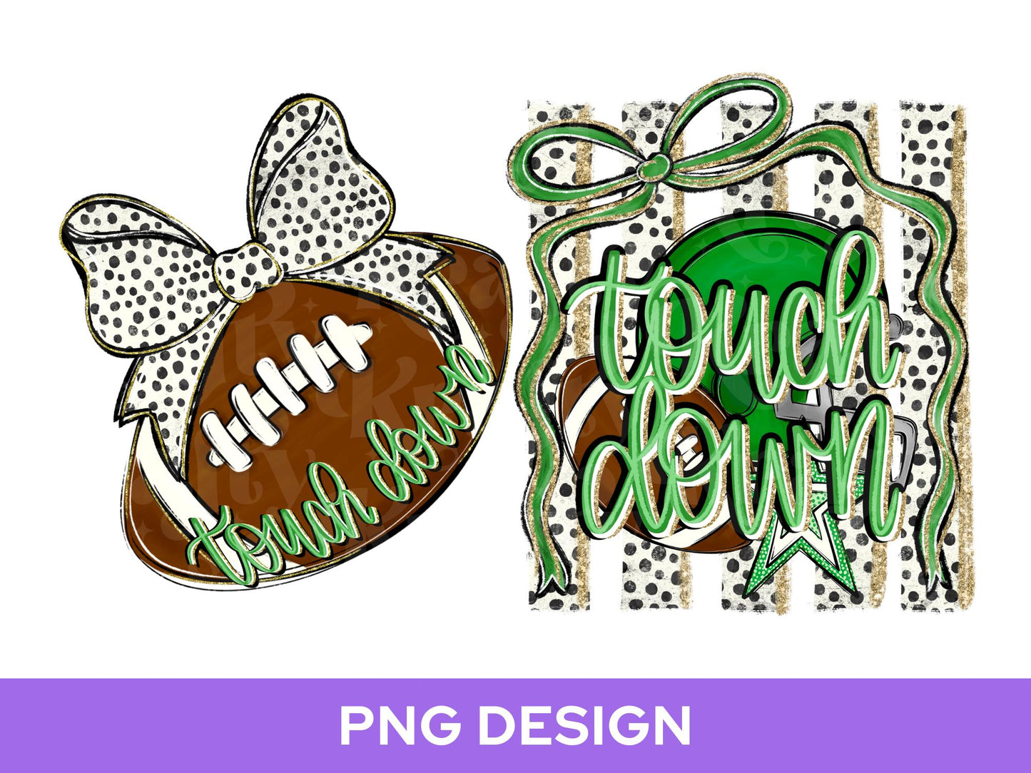 Striped Touch Down PNG Design, Hand Lettered, Green and Gold Football Helmet PNG: Preppy Bow, Game Day Shirt Design, Front and Back
