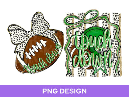 Striped Touch Down PNG Design, Hand Lettered, Green and Gold Football Helmet PNG: Preppy Bow, Game Day Shirt Design, Front and Back