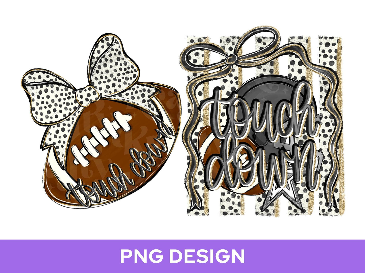 Striped Touch Down PNG Design, Hand Lettered, Black Football Helmet PNG: Preppy Bow, Game Day Shirt Design, Front and Back