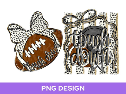 Striped Touch Down PNG Design, Hand Lettered, Black Football Helmet PNG: Preppy Bow, Game Day Shirt Design, Front and Back