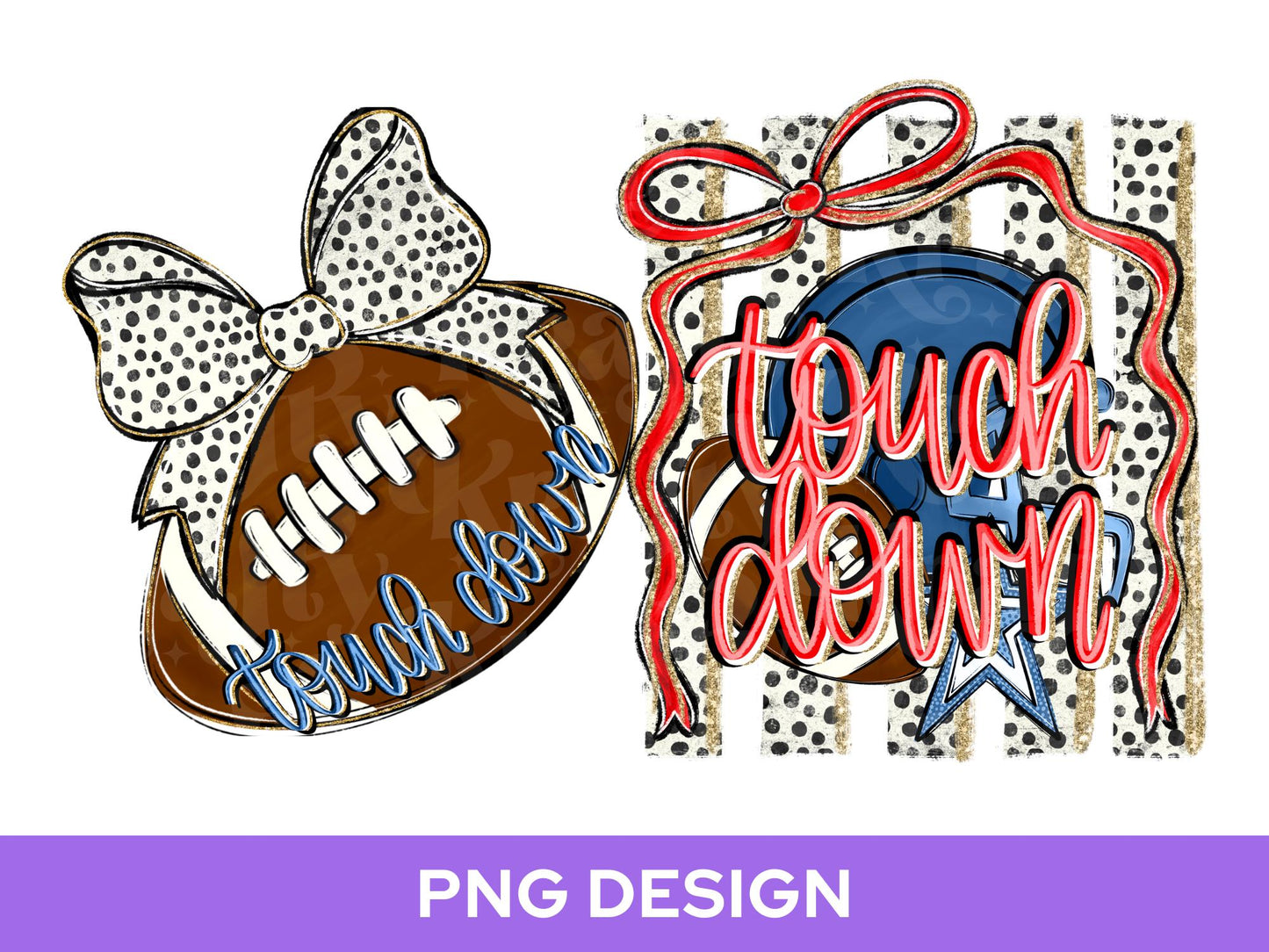 Striped Touch Down PNG Design, Hand Lettered, Blue Football Helmet PNG: Preppy Bow, Game Day Shirt Design, Front and Back, Navy and Red
