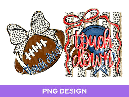 Striped Touch Down PNG Design, Hand Lettered, Blue Football Helmet PNG: Preppy Bow, Game Day Shirt Design, Front and Back, Navy and Red