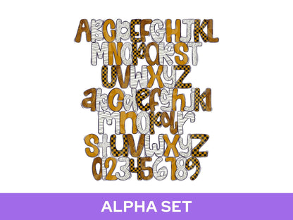 School Spirit Alpha Set Bundle, Alphabet Letter Clipart: Sprit Wear, Gold Checkered Mascot