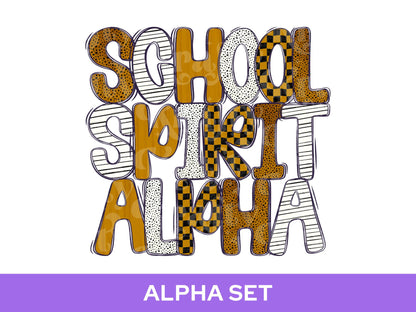 School Spirit Alpha Set Bundle, Alphabet Letter Clipart: Sprit Wear, Gold Checkered Mascot