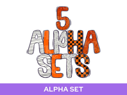 School Spirit Alpha Set Bundle, Alphabet Letter Clipart: Sprit Wear, Checkered Mascot, Orange