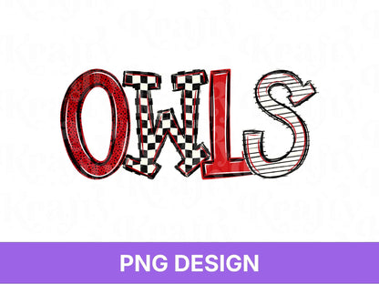 Owls School Mascot PNG, Checkered Stripe Letter Designs, Polka Dot Team Name, Game Day Spirit Wear