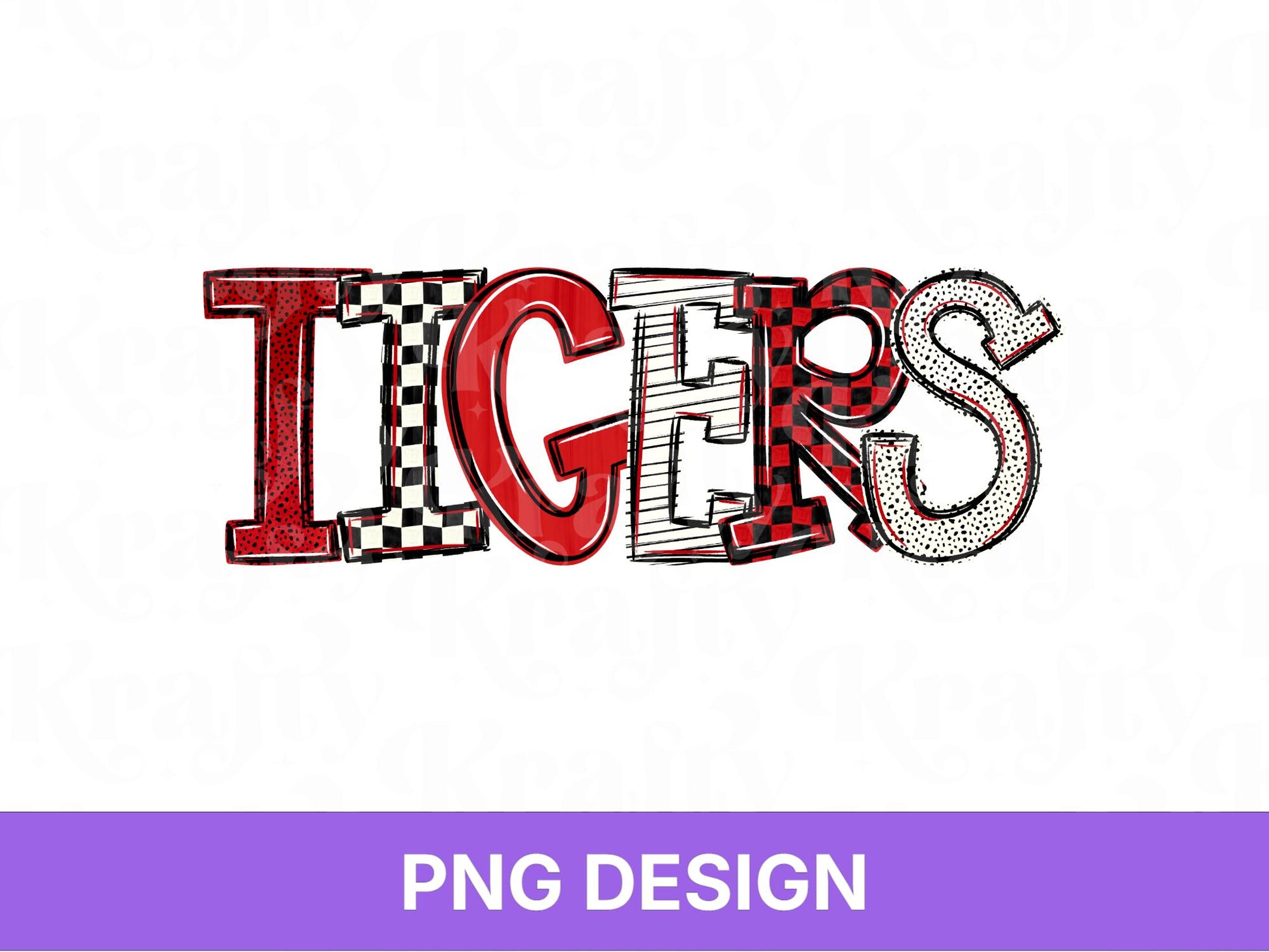 Tigers School Mascot PNG, Checkered Stripe Letter Designs, Polka Dot Team Name, Game Day Spirit Wear