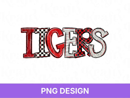 Tigers School Mascot PNG, Checkered Stripe Letter Designs, Polka Dot Team Name, Game Day Spirit Wear