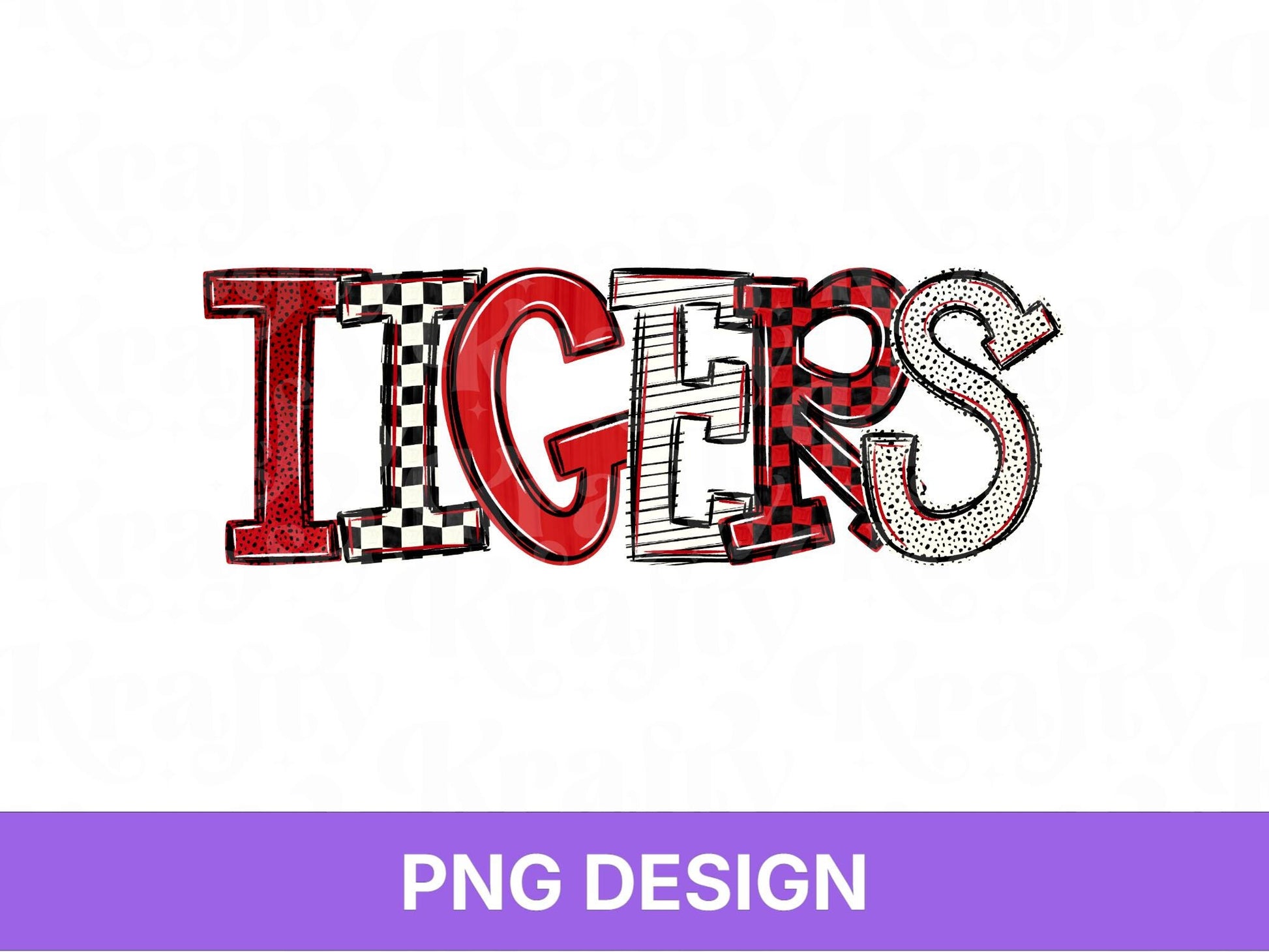 Tigers School Mascot PNG, Checkered Stripe Letter Designs, Polka Dot Team Name, Game Day Spirit Wear