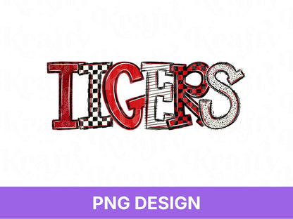 Tigers School Mascot PNG, Checkered Stripe Letter Designs, Polka Dot Team Name, Game Day Spirit Wear