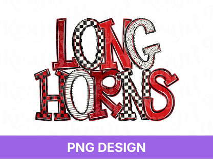 Longhorns School Mascot PNG, Checkered Stripe Letter Designs, Team Name, Game Day Spirit Wear