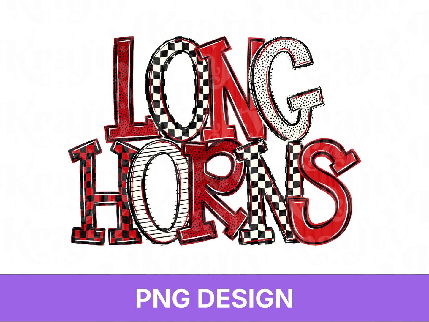 Longhorns School Mascot PNG, Checkered Stripe Letter Designs, Team Name, Game Day Spirit Wear