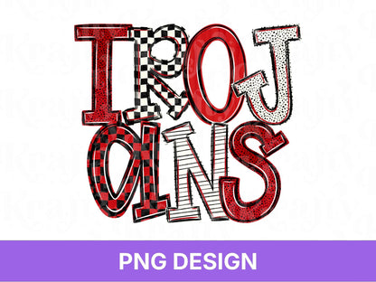 Trojans School Mascot PNG, Checkered Stripe Letter Designs, Team Name, Game Day Spirit Wear