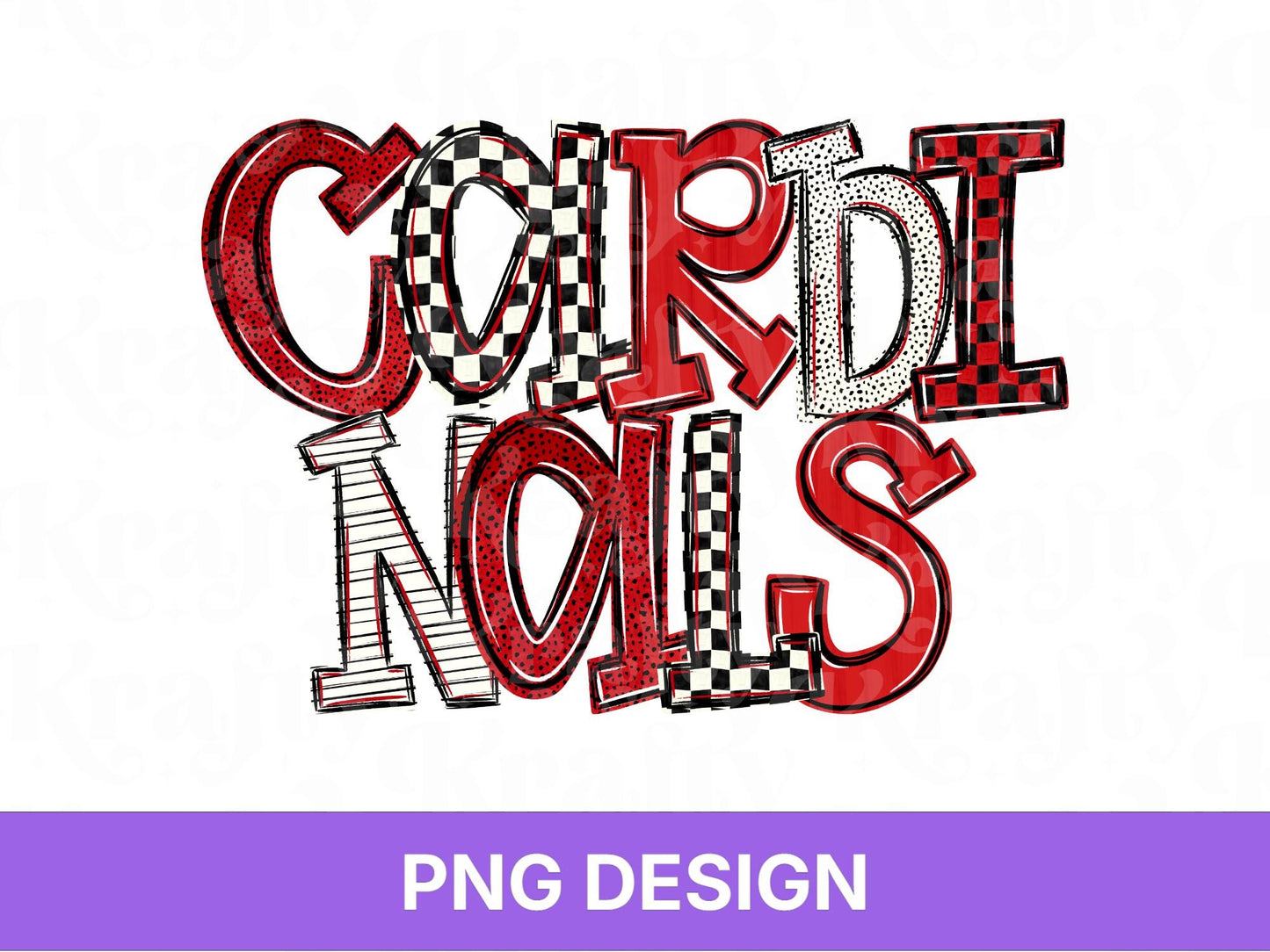 Cardinals School Mascot PNG, Checkered Stripe Letter Designs, Team Name, Game Day Spirit Wear