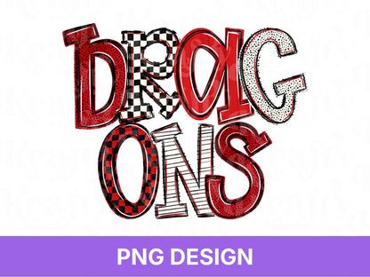 Dragons School Mascot PNG, Checkered Stripe Letter Designs, Team Name, Game Day Spirit Wear