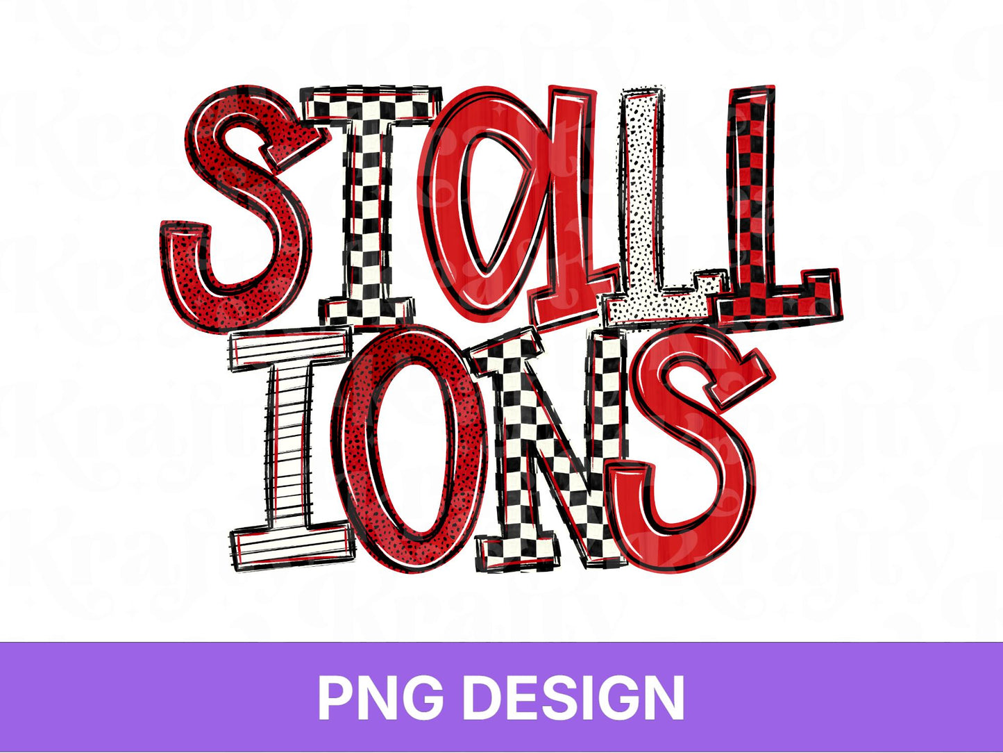 Stallions School Mascot PNG, Checkered Stripe Letter Designs, Team Name, Game Day Spirit Wear