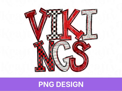 Vikings School Mascot PNG, Checkered Stripe Letter Designs, Team Name, Game Day Spirit Wear