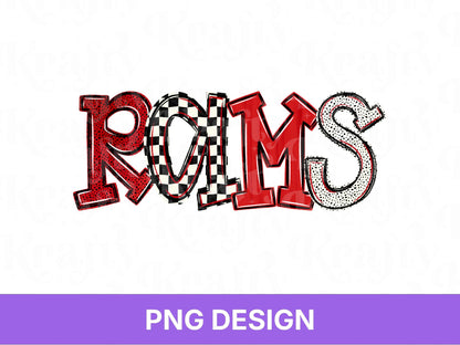 Rams School Mascot PNG, Checkered Stripe Letter Designs, Team Name, Game Day Spirit Wear