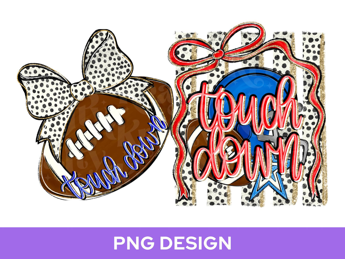Striped Touch Down PNG Design, Hand Lettered, Blue Football Helmet PNG: Preppy Bow, Game Day Shirt Design, Front and Back, Blue and Red
