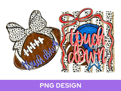 Striped Touch Down PNG Design, Hand Lettered, Blue Football Helmet PNG: Preppy Bow, Game Day Shirt Design, Front and Back, Blue and Red